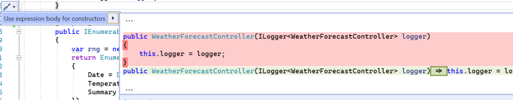 Screenshot of code fixes in Visual Studio