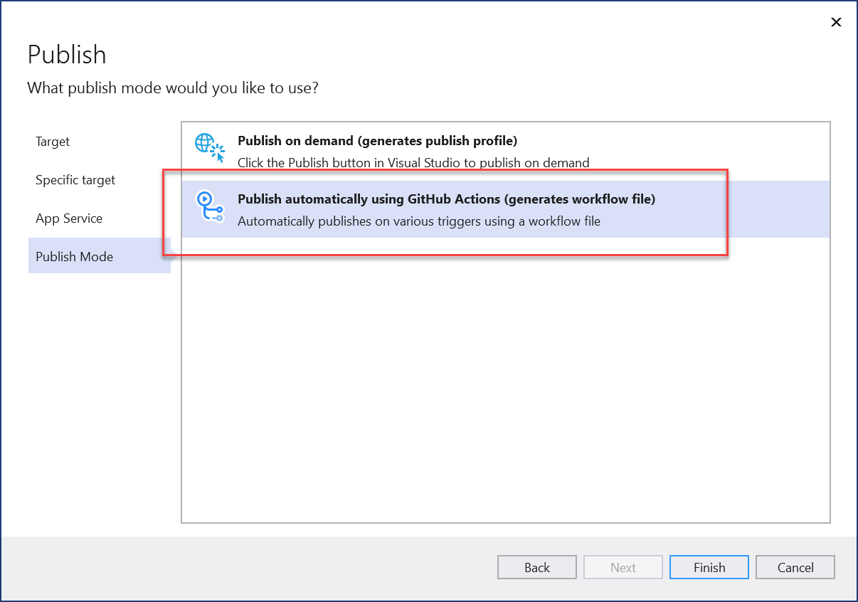 Screenshot of publish wizard with new GitHub Actions option