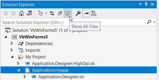 Finding the application.myapp file in Solution Explorer