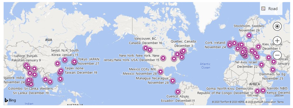 Image of a map of all upcoming .NET Conf Virtual Community Events