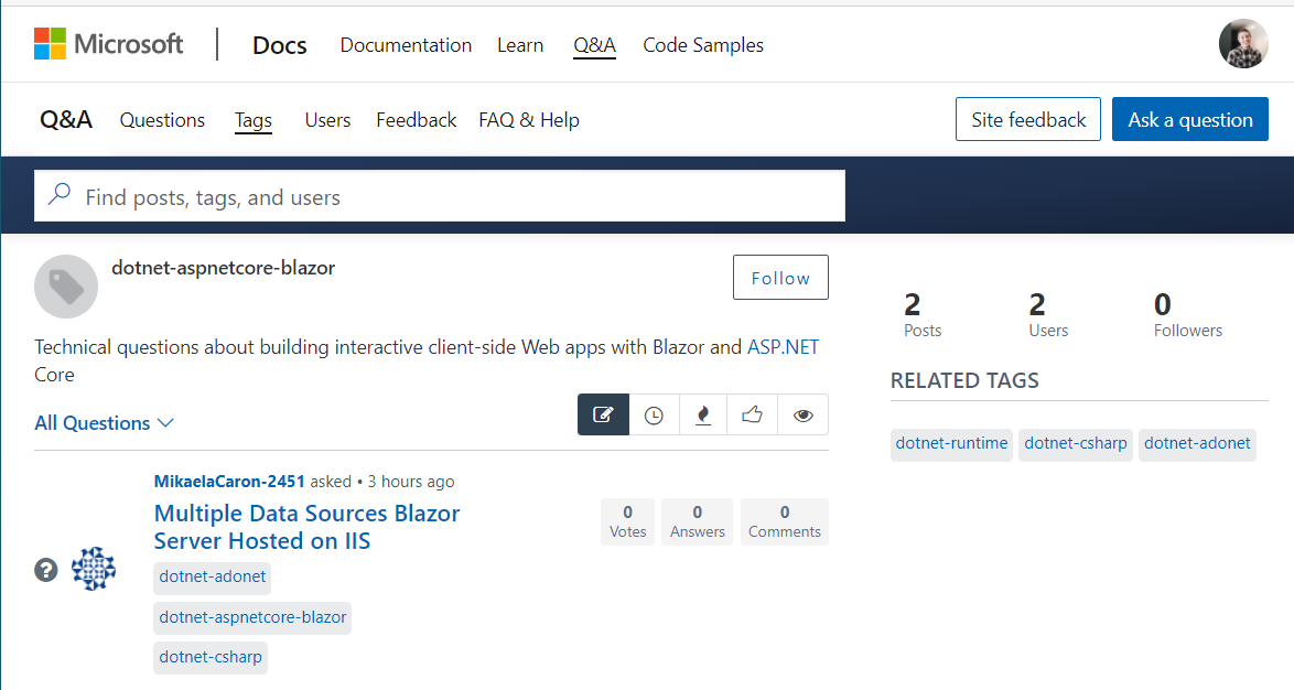 Microsoft Q&A page for Blazor with a few questions, follow button, and ability to ask a question