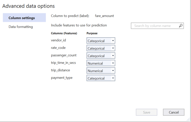 Advanced data options column settings