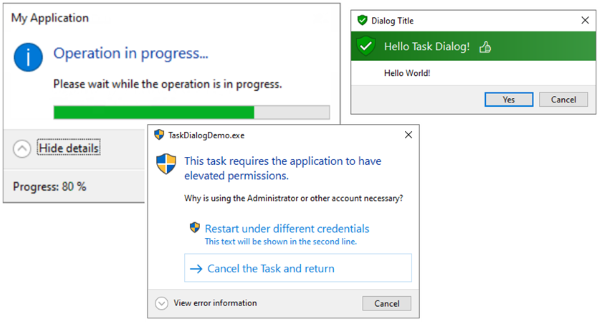 Various forms of Task Dialog showing that the control can be customized