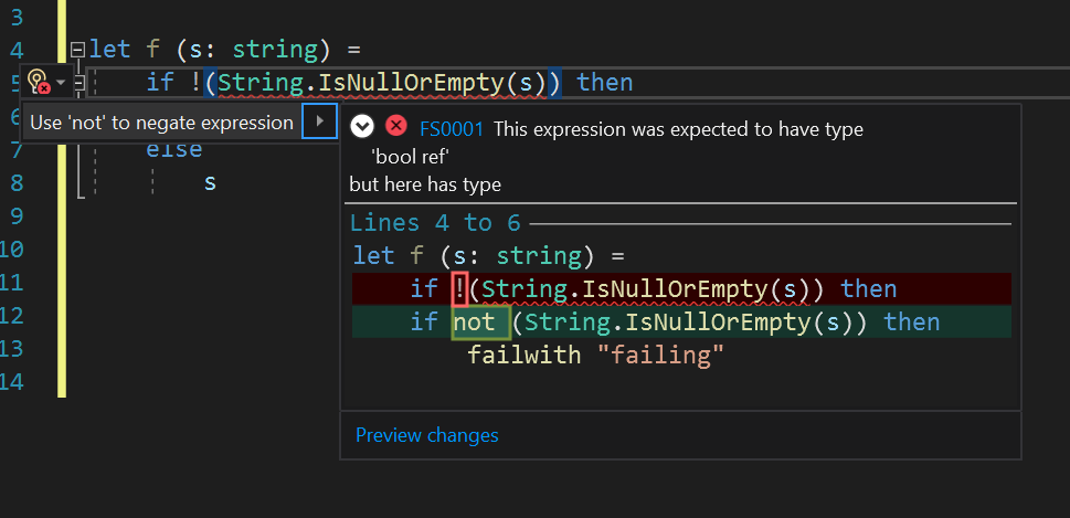 F# codefix for using the 'not' keyword instead of '!' to negate an expression