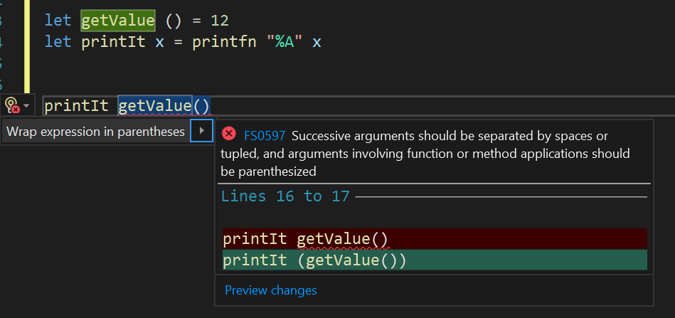 F# codefix for wrapping an expression in parentheses