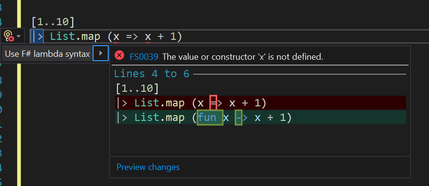 F# codefix when using C# lambda syntax