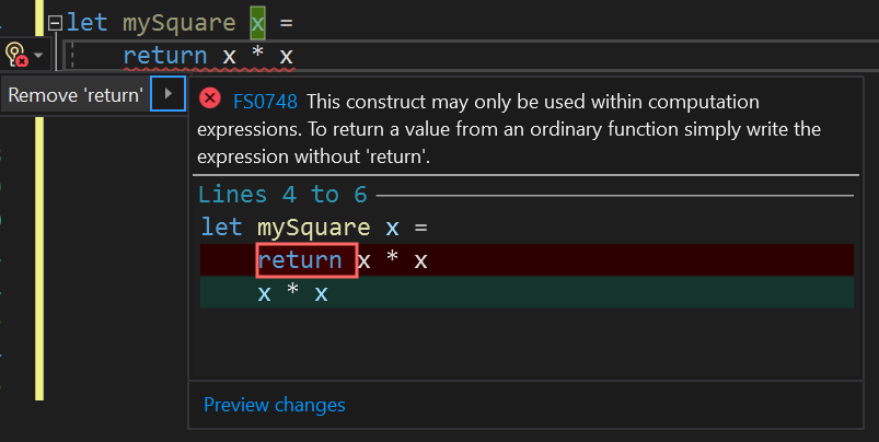 F# codefix for removing unecessary return keyword