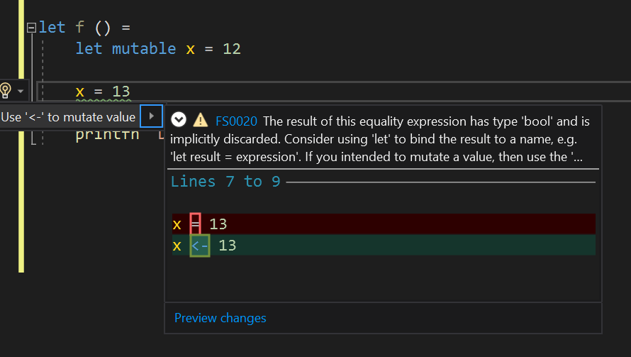 F# codefix for using mutation syntax when a value is mutable