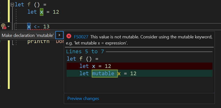 F# codefix for changing a value declaration to be mutable when using mutation syntax