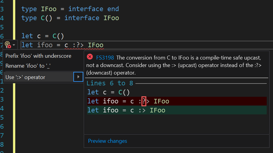 F# codefix for changing an incorrect downcast into an upcast