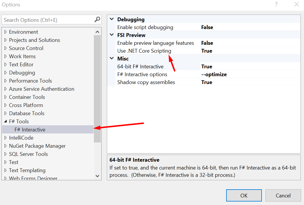 F# tools options to enable .NET 5 scripting