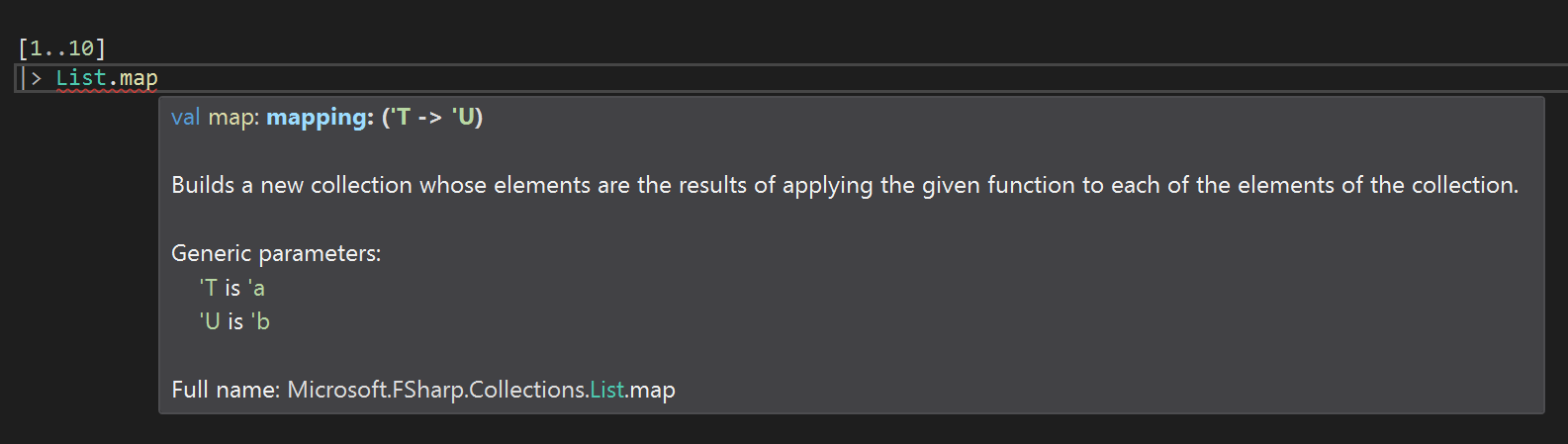 F# function application signature help on List.map but pipelined