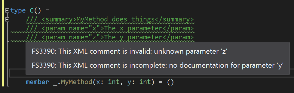 F# xml doc with wrong parameter tag