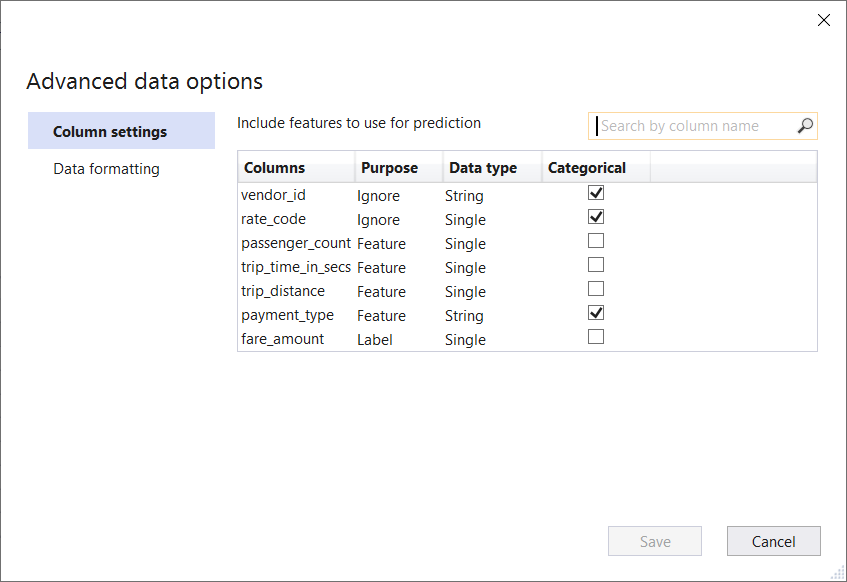 Advanced Data Options in Model Builder