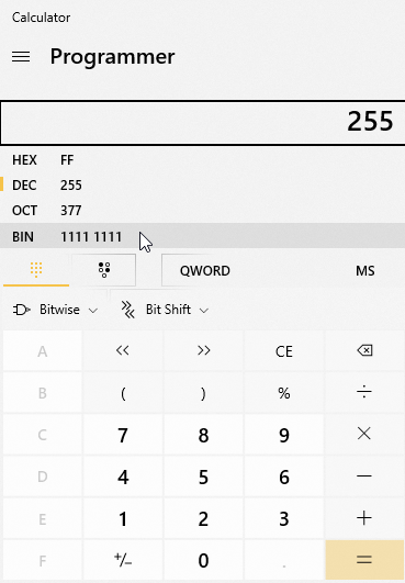 Calculator -- 255 value