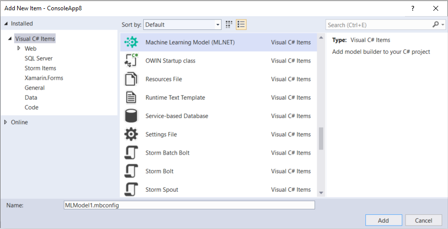 New Item Dialog in Visual Studio