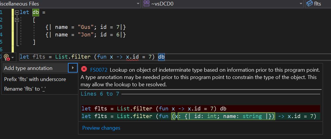 Add type annotation to object of indeterminate type quick fix, F# and F# tools update for Visual Studio 16.10