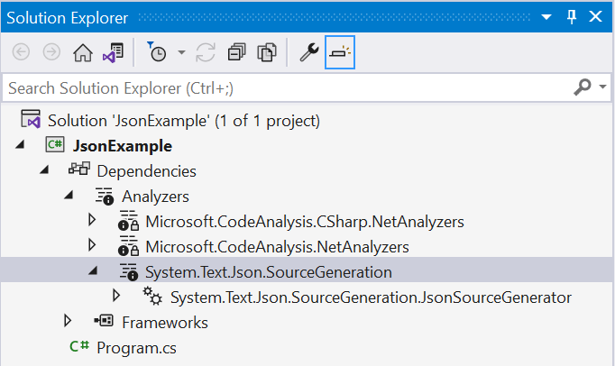Visual Studio Solution Explorer showing JSON source generator