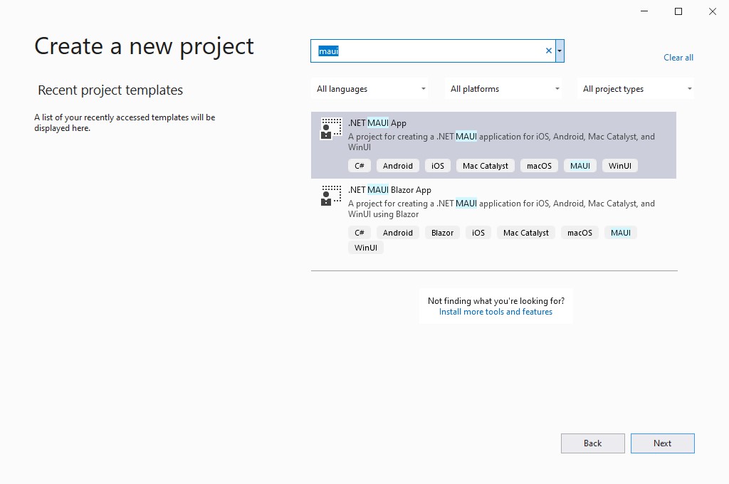 Visual Studio 2022 new project dialog, Announcing .NET MAUI Preview 7