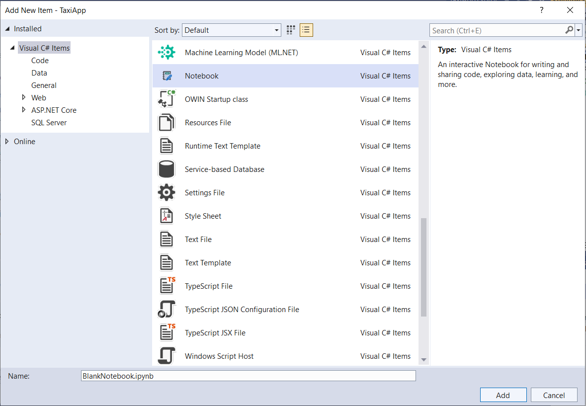 Screenshot of Notebook in Add New Item dialog, ML.NET and Model Builder October Updates