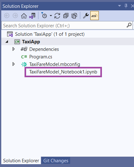 Screenshot of the Notebook file in Solution Explorer, ML.NET and Model Builder October Updates