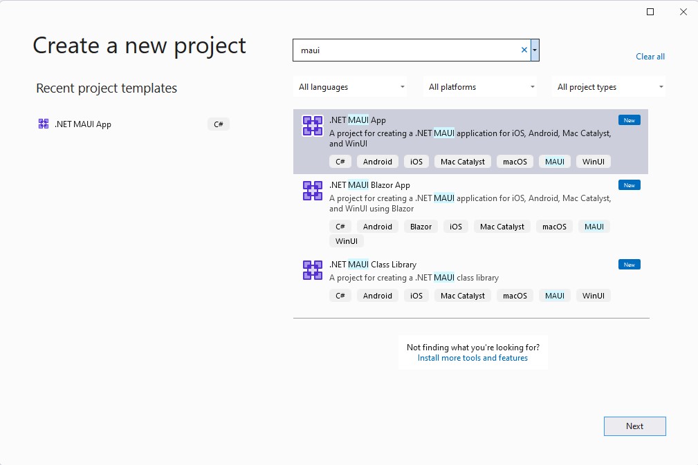 Visual Studio 2022 new project dialog
