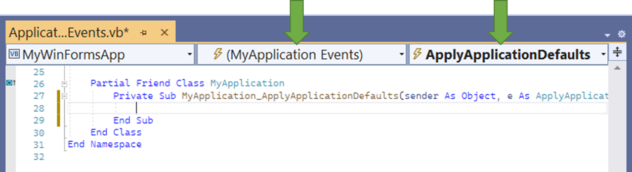 Editor showing Sub MyApplication_ApplyApplicationDefaults, What’s New for Visual Basic in Visual Studio 2022