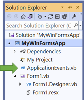 Solution Explorer with pointer ApplicationDefaults.vb, What’s New for Visual Basic in Visual Studio 2022