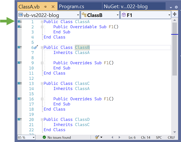 Code with left martin inheritance icons, What’s New for Visual Basic in Visual Studio 2022