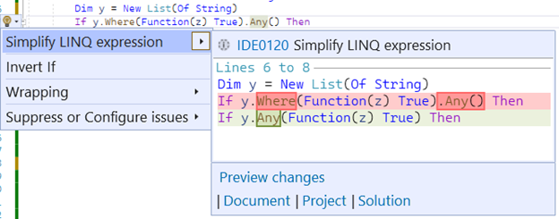 Refactoring popup showing predicate moved to Any, What’s New for Visual Basic in Visual Studio 2022