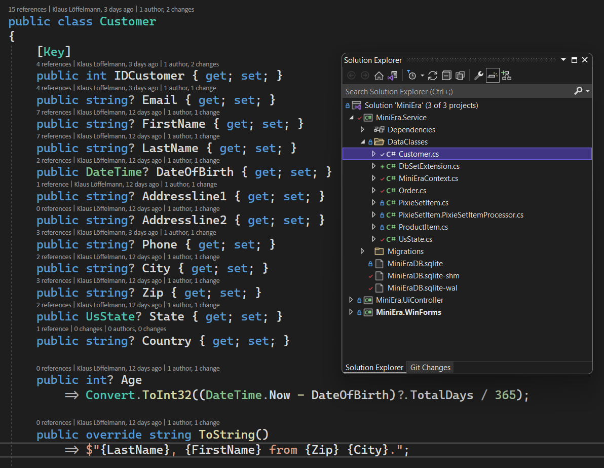 A screenshot of a C# code file in Visual Studio showing a typical EF Core code-first data class