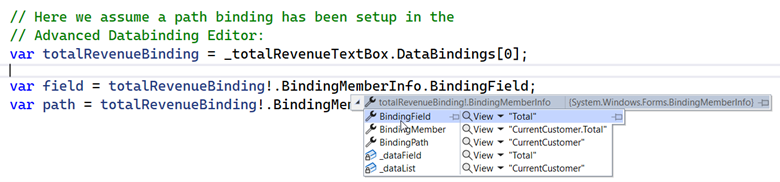 A screenshot of a C# code file in VS showing a BindingMemberInfo instance in the Debugger