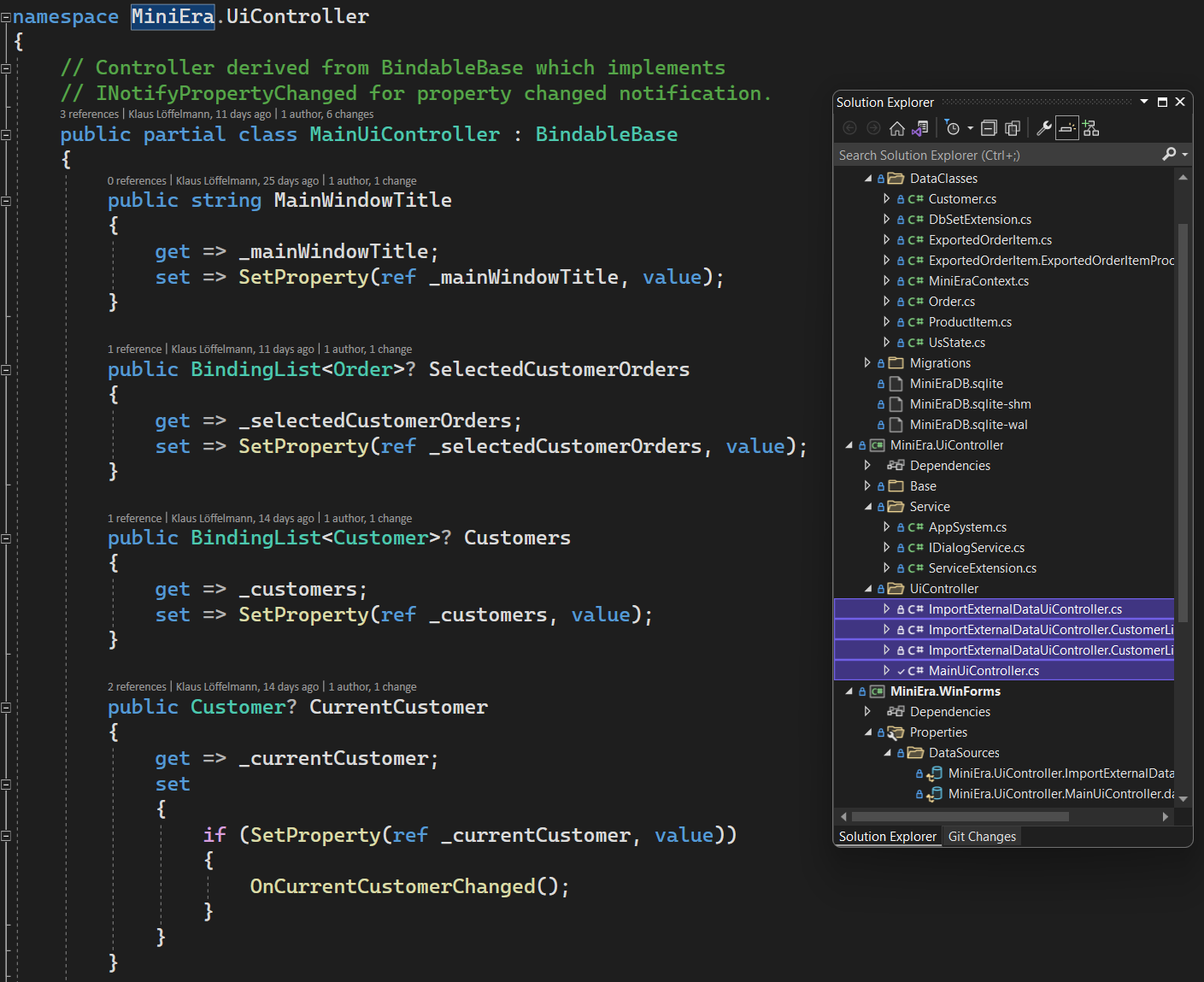 A screenshot of a C# code file in Visual Studio showing a UI controller class implementing INotifyPropertyChanged base class