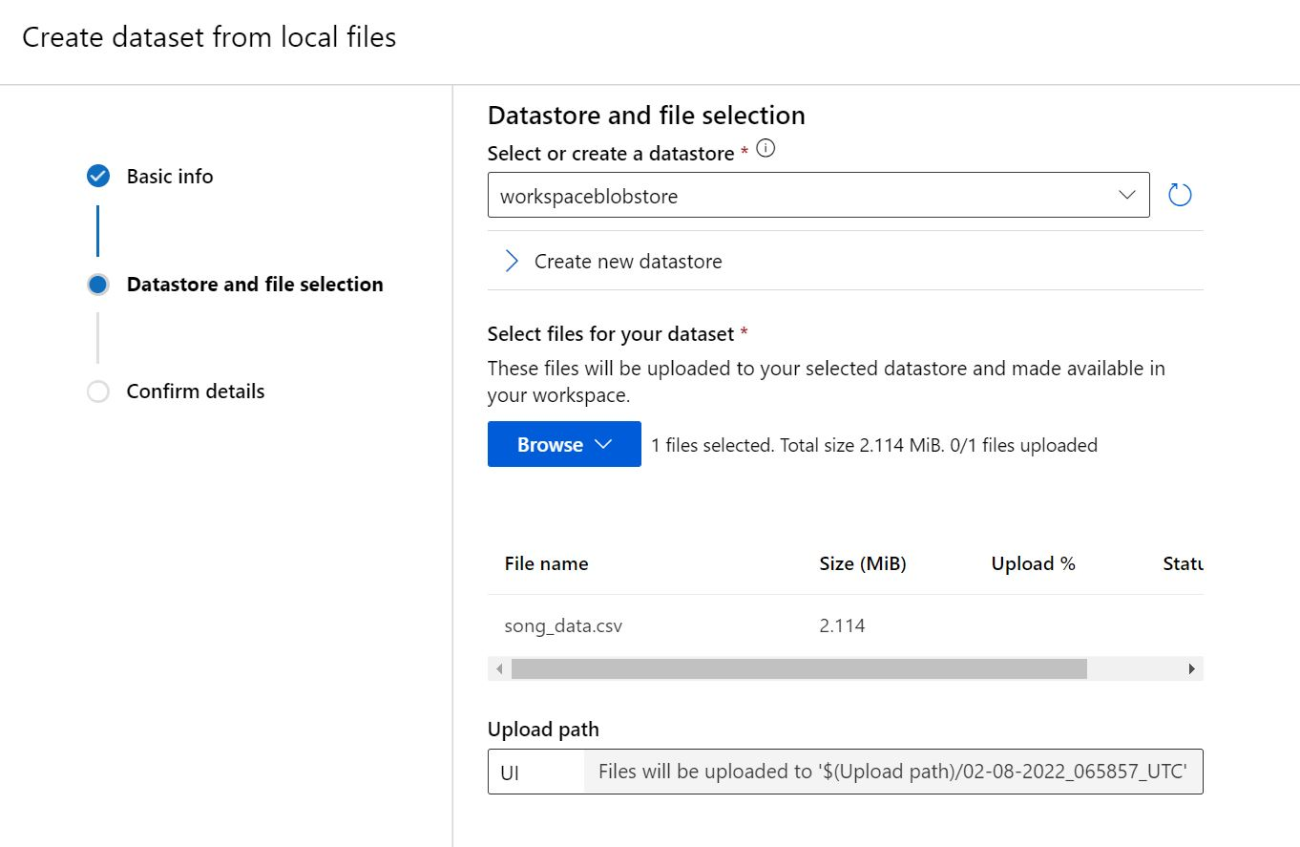 Screenshot of Azure ML Create Dataset Datastore and file selection step