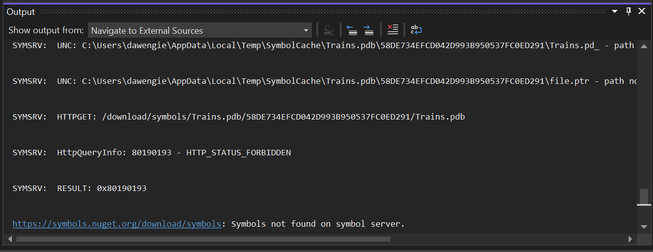 Screenshot of the Output pane of Visual Studio showing the Navigate to External Sources category