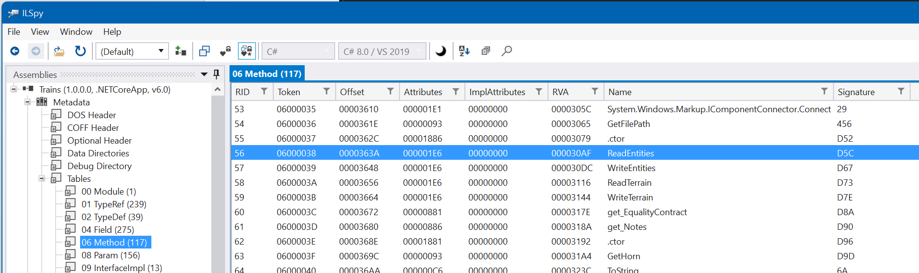 Screenshot of ILSpy showing the Method metadata table