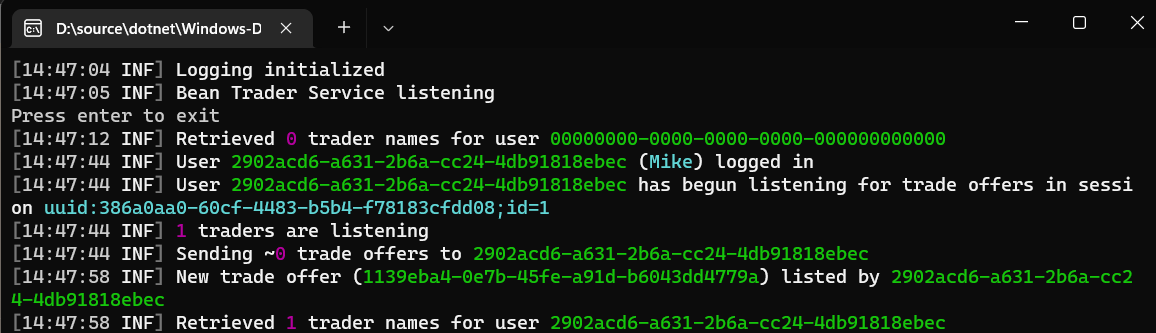 Bean Trader server sample output