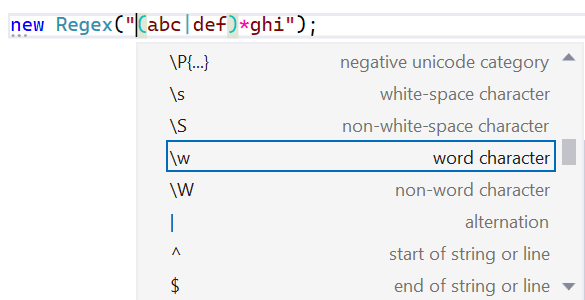 Regex syntax colorization, validation, and IntelliSense in Visual Studio