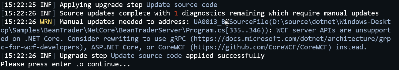 Upgrade Assistant's WCF warning