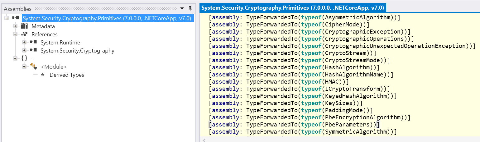 TypeForwardedTo attributes in cryptography assembly