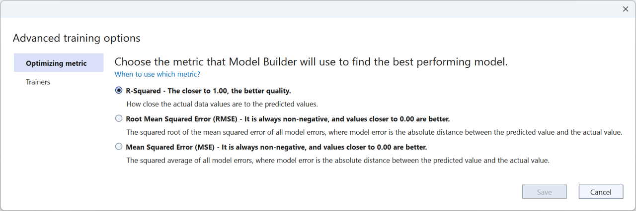 Model Builder advanced metric options