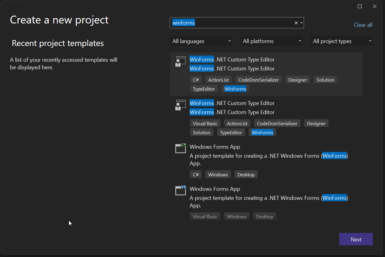 The VS new project dialog showing the Type Editor templates