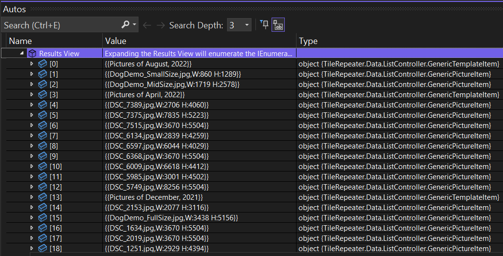 Data source list of picture and separator elements in the Auto tool window of Visual Studio