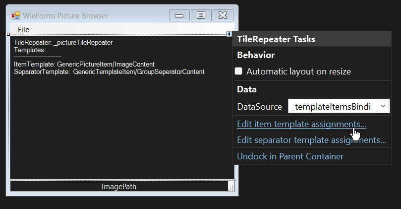 User calling Type Editor of ItemTemplate property via Action List of the TileRepeater control designer