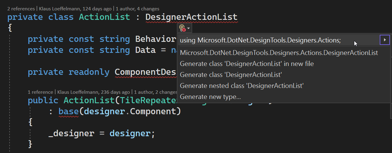 Screenshot showing how to look up WinForms Designer-SDK namespaces in Visual Studio