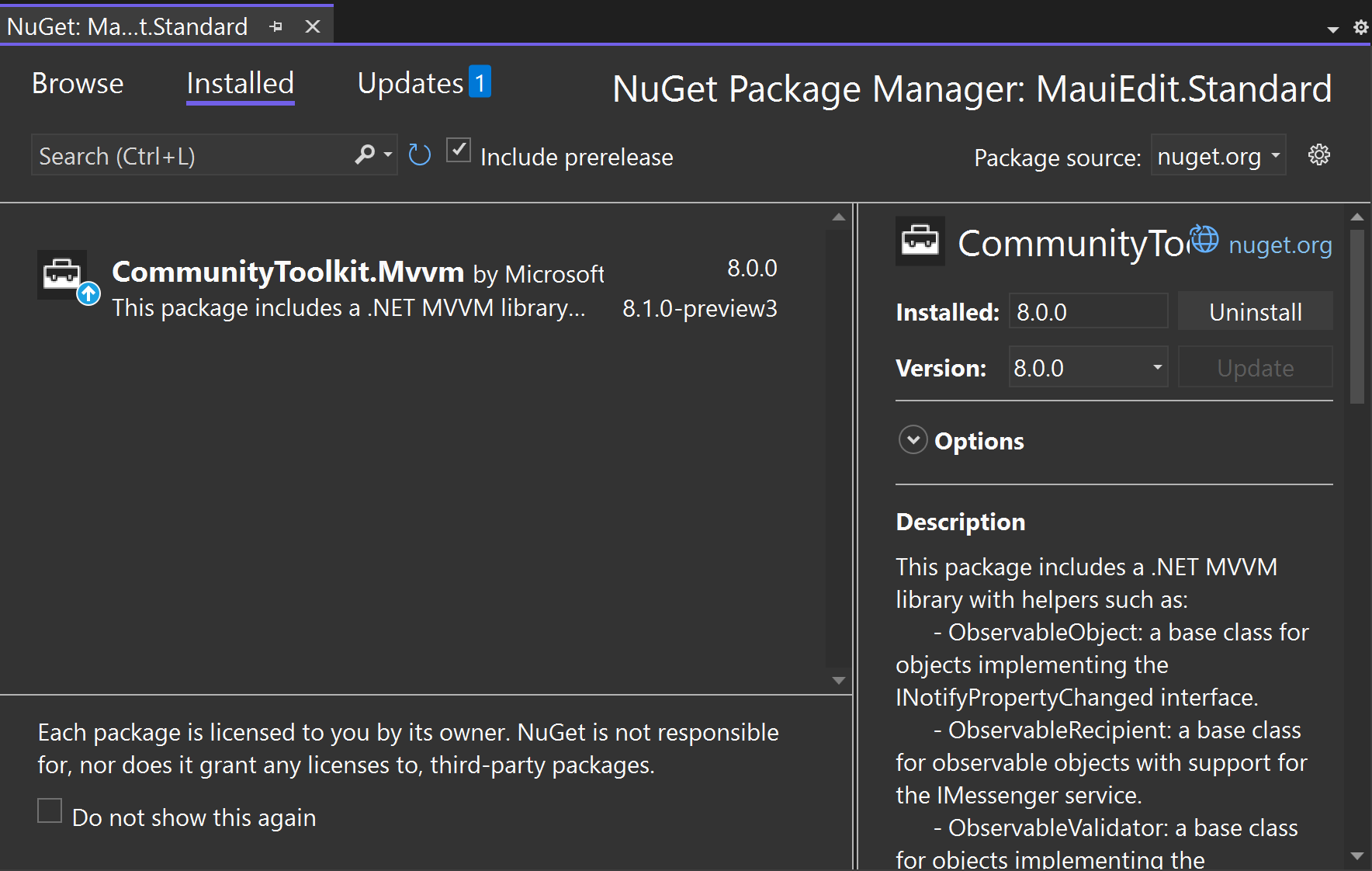 Screenshot showing how to add the Microsoft CommunityToolkit.MVVM package to a project