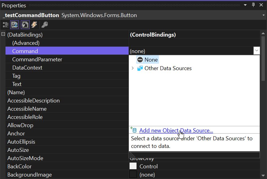 Screenshot showing the open Design Binding Picker to add a new object data source.