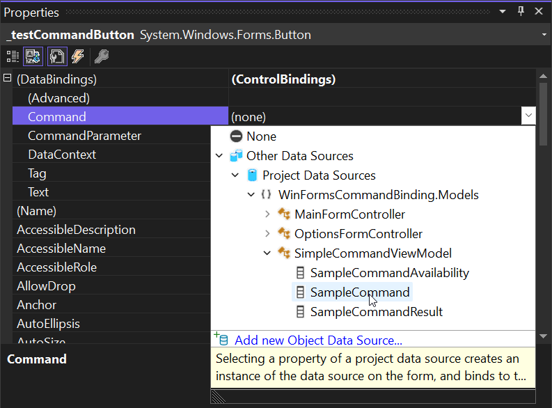 Screenshot showing how to pick a command from a ViewModel in the Design Binding Picker.