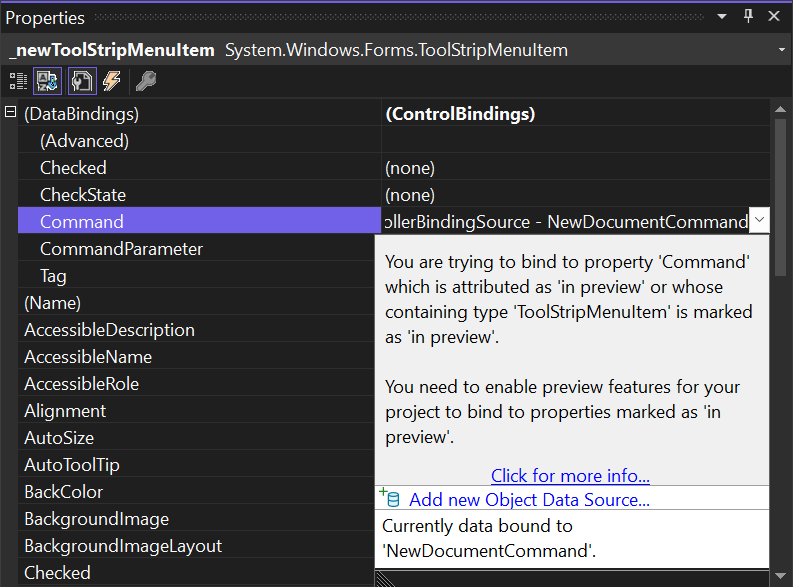 Screenshot of the Design Binding Picker with message that binding to properties in preview is not allowed.