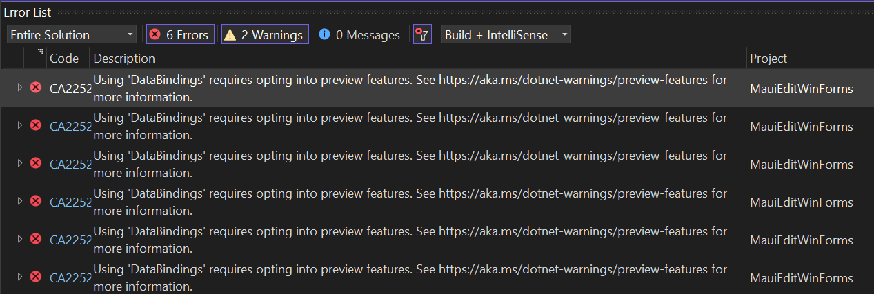 Screenshot of the error list tool window showing messages which result from using runtime features  marked in preview.